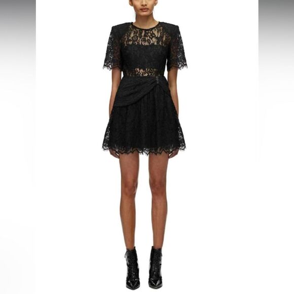NEW Self-Portrait Fine Cord Short Sleeve Mini Dress Black Lace Size 8 - Picture 4 of 14